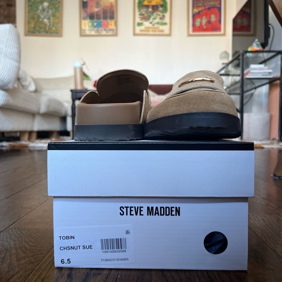 Steve Madden Tan Suede Mule Loafers with Gold Accent - Picture 5 of 7